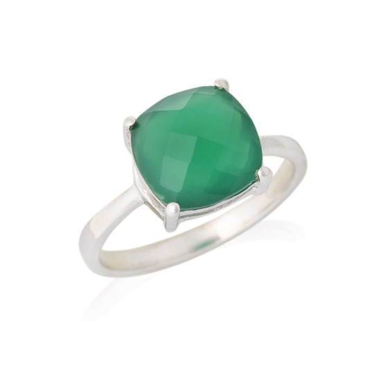 Anillo de ónix verde natural en forma de cojín en plata 925 rodiada
