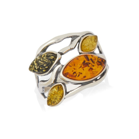 Bague multipierres en ambre de la mer Baltique navette, en argent 925 rhodié