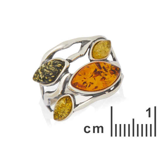 Bague multipierres en ambre de la mer Baltique navette, en argent 925 rhodié