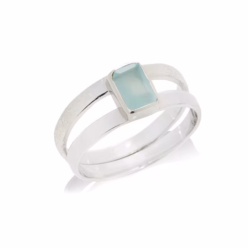 Rechteckiger Ring aus natürlichem blauem Chalcedon, rhodiniertes 925er Silber