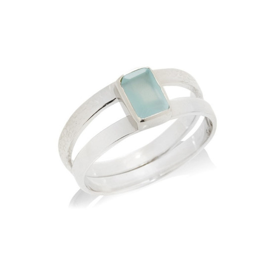 Rectangular natural blue chalcedony ring, rhodium-plated 925 silver