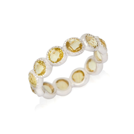 Bague en quartz jaune naturel rond, en argent 925 rhodié