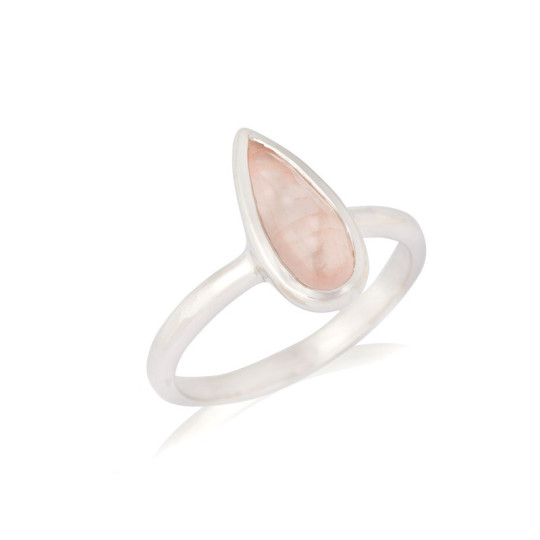 Bague en quartz rose goutte, en argent 925 rhodié