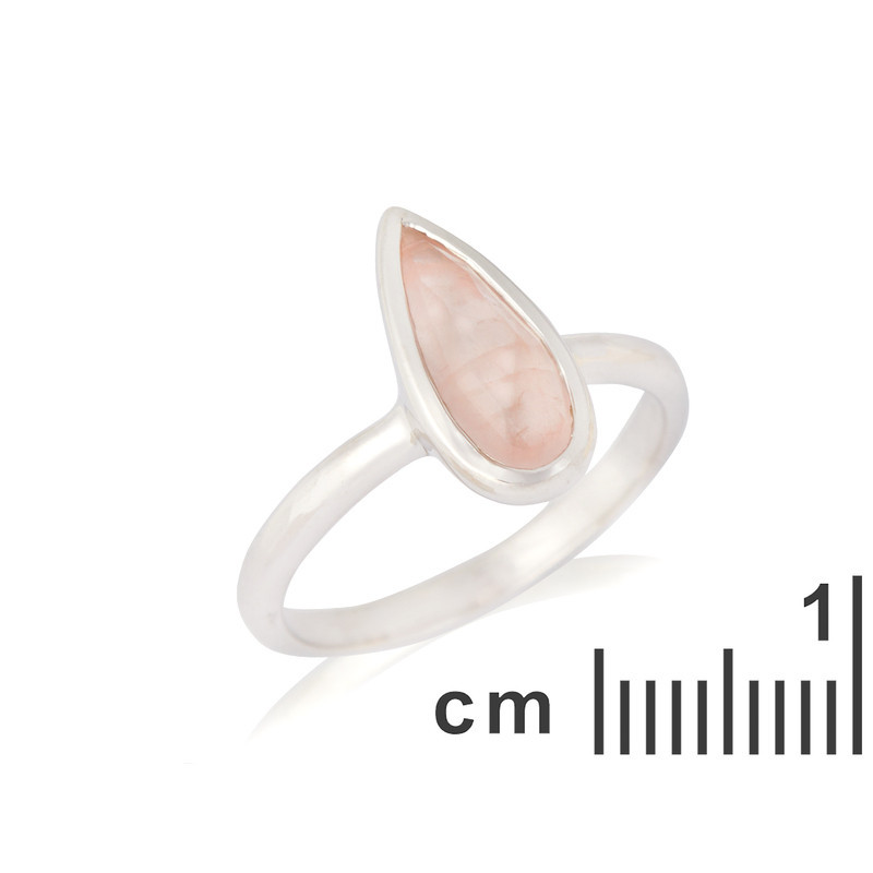Anillo de gota de cuarzo rosa, plata 925 rodiada