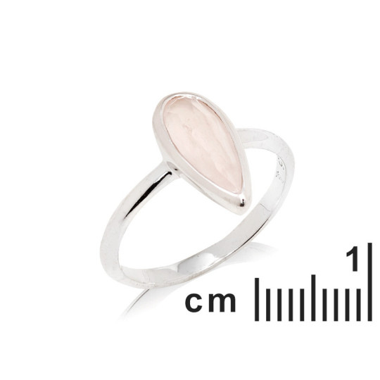 Anillo de gota de cuarzo rosa, plata 925 rodiada