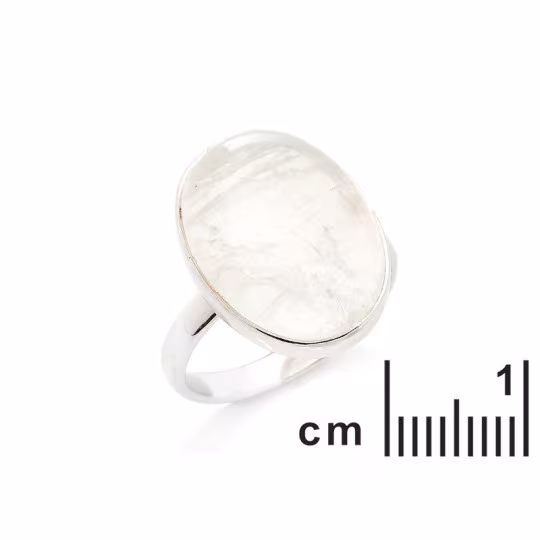 Oval Natural White Moonstone Ring, Rhodium Plated 925 Silver