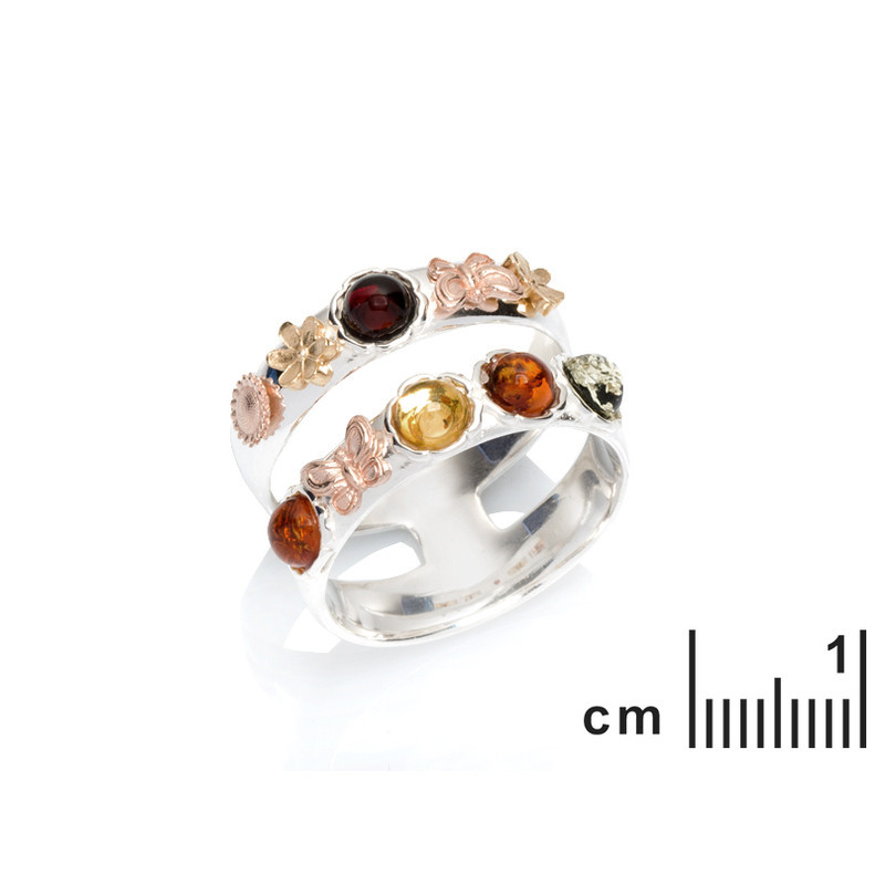 Natural amber butterfly ring, rhodium-plated 925 silver