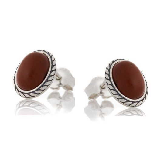Orecchini ovali in diaspro rosso naturale, in argento 925 invecchiato