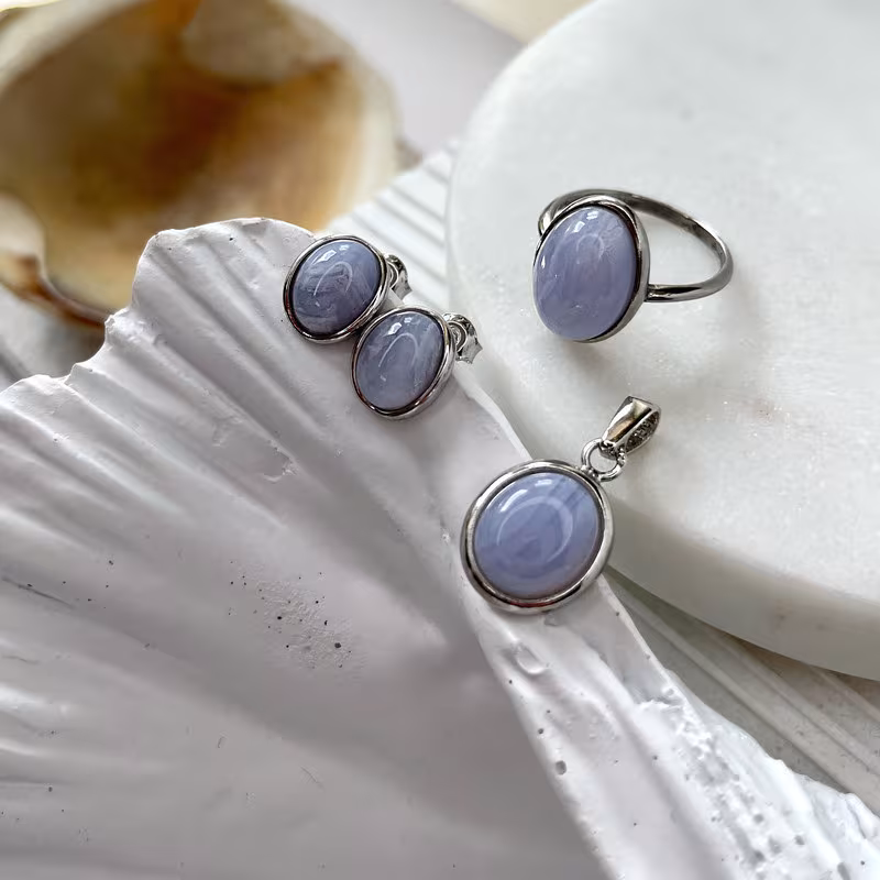 Bague grande pierre en agate blue lace naturelle ovale, en argent 925 rhodié