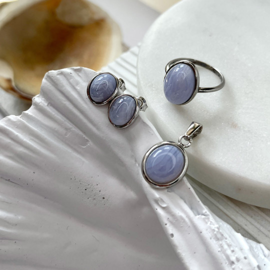 Anillo grande de piedra de ágata azul natural ovalada con encaje, en plata 925 rodiada