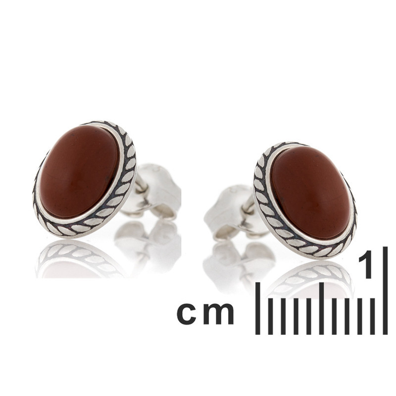Natural red jasper oval stud earrings, in aged 925 silver