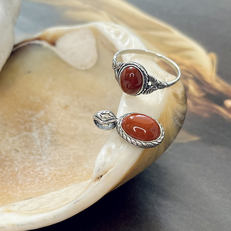 Natural red jasper oval stud earrings, in aged 925 silver