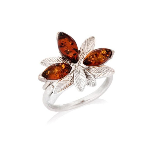 Anello multipietra in ambra cognac a forma di navette, in argento 925 rodiato