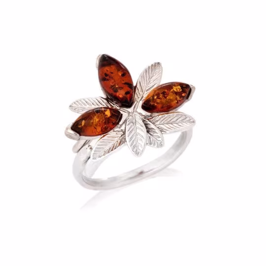 Multi-stone ring in cognac amber navette, in rhodium-plated 925 silver