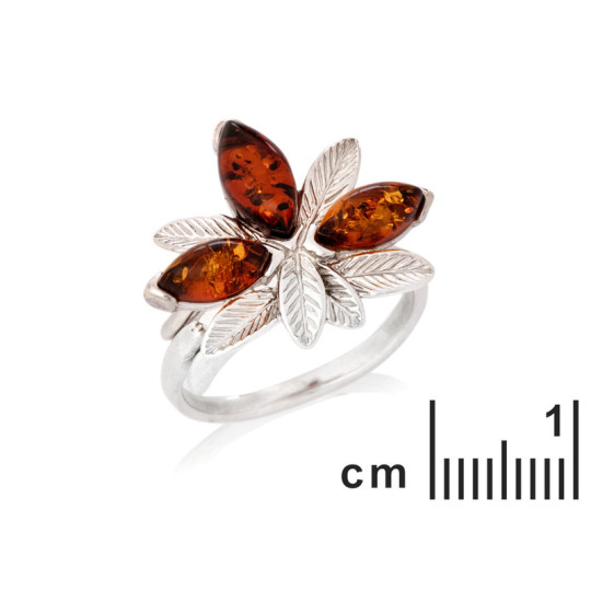Bague multipierres en ambre cognac navette, en argent 925 rhodié