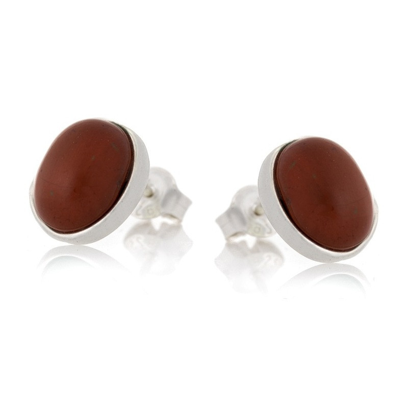 Orecchini a bottone ovali in diaspro rosso naturale, argento 925 rodiato