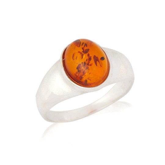 Oval natural Baltic Sea cognac amber ring in aged 925 silver