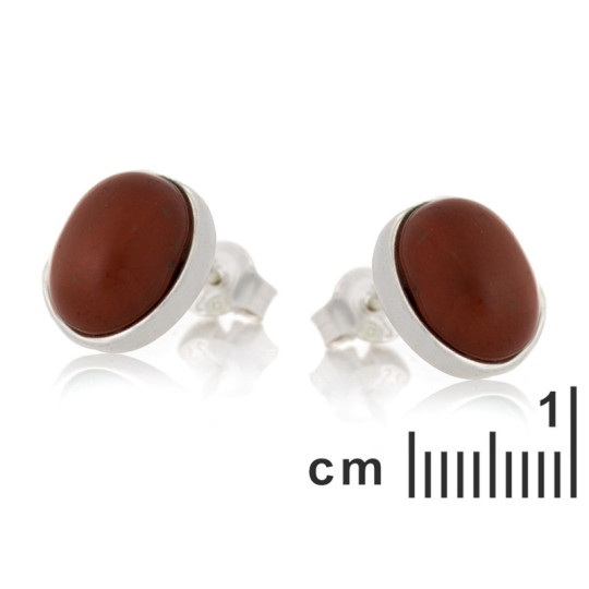 Orecchini a bottone ovali in diaspro rosso naturale, argento 925 rodiato