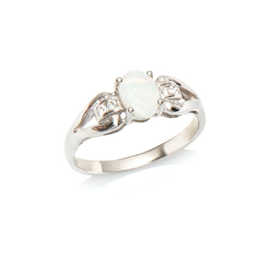 Opal and zirconium oxide ring, in rhodium-plated 925 silver