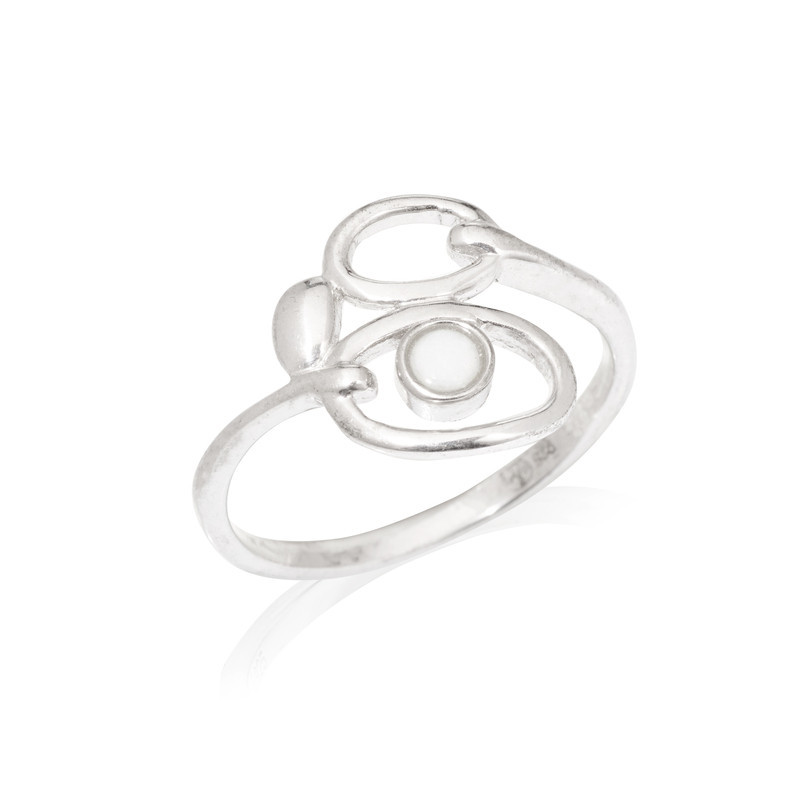 Round Australian white opal ring, rhodium-plated 925 silver