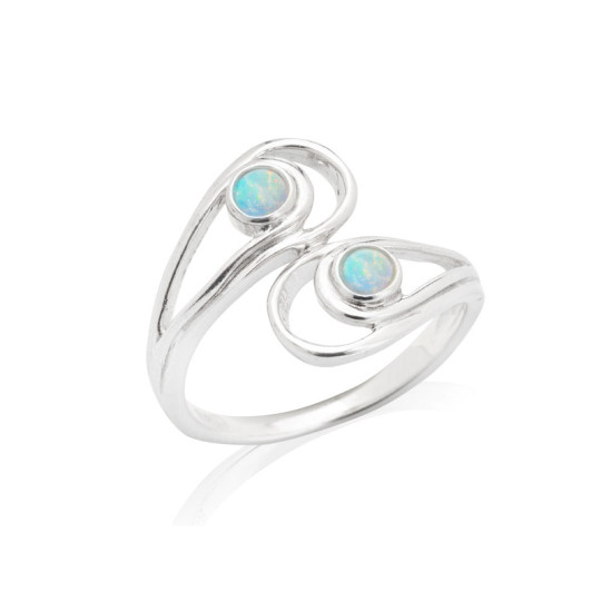 Natural Australian white opal ring, round, in rhodium-plated 925 silver