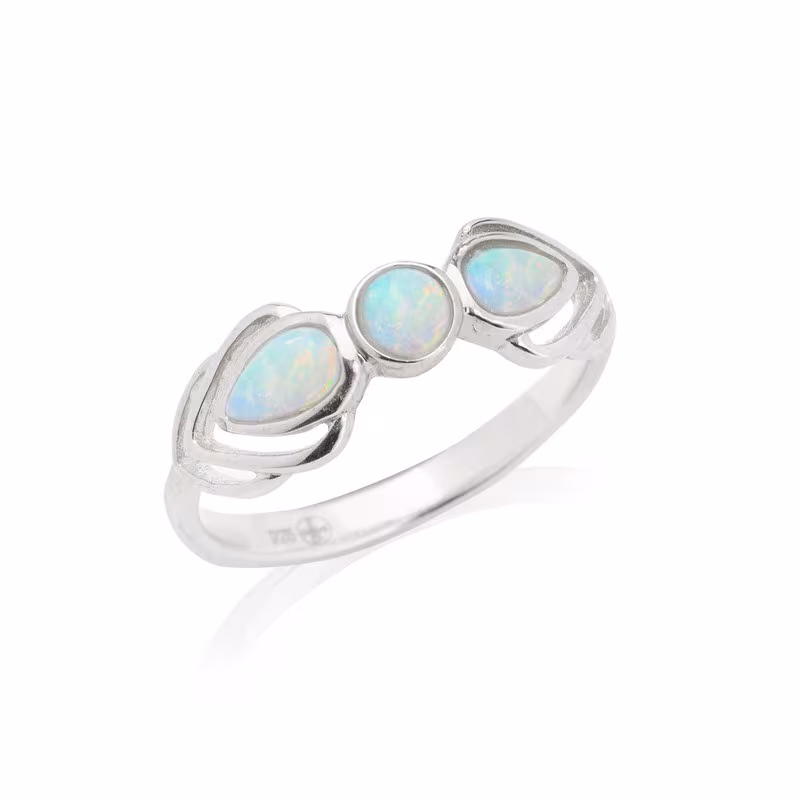 Natural Australian white opal ring, rhodium-plated 925 silver