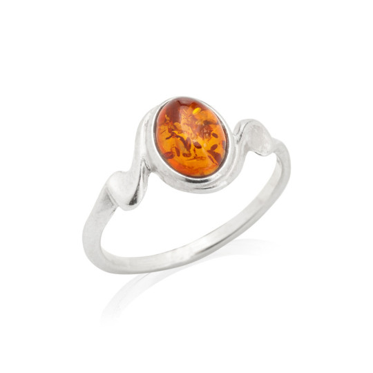Oval natural Baltic Sea cognac amber ring, 925 silver