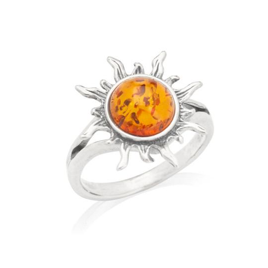 Anello sole rotondo in ambra naturale color cognac, argento 925