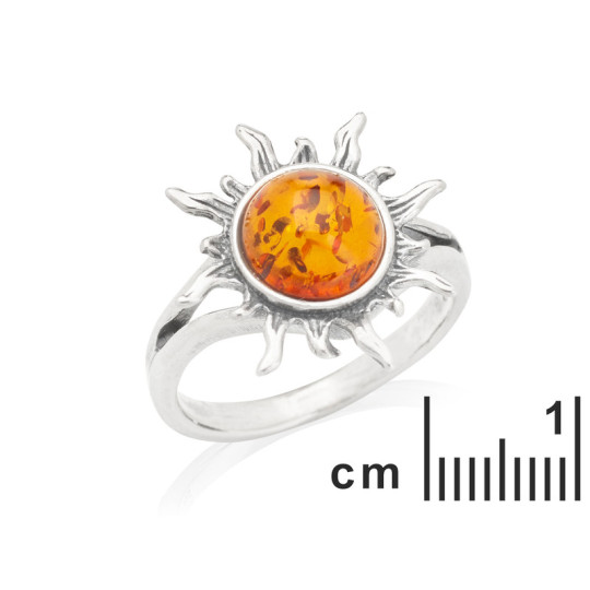 Anello sole rotondo in ambra naturale color cognac, argento 925