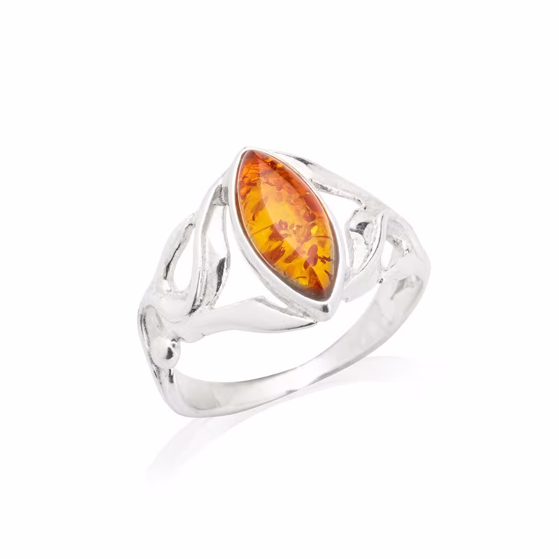Anillo de ámbar coñac natural del mar Báltico, talla navette, plata 925
