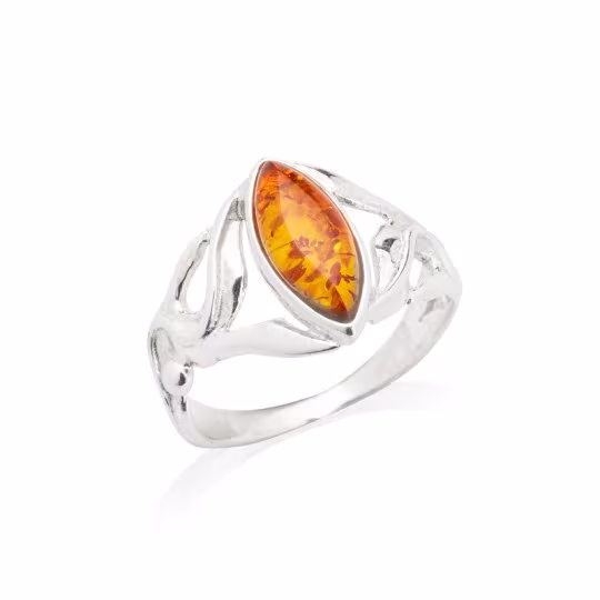 Anillo de ámbar coñac natural del mar Báltico, talla navette, plata 925