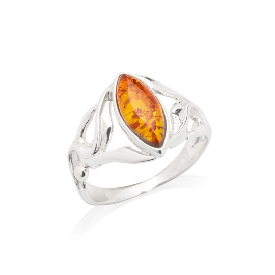 Bague en ambre cognac naturel de la mer Baltique navette, en argent 925