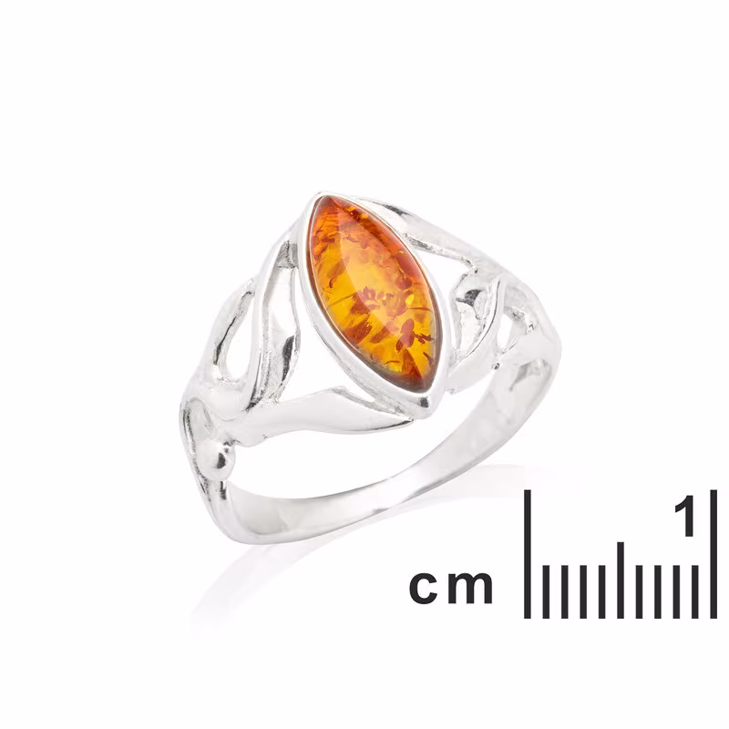 Anillo de ámbar coñac natural del mar Báltico, talla navette, plata 925