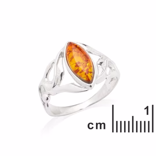 Anillo de ámbar coñac natural del mar Báltico, talla navette, plata 925