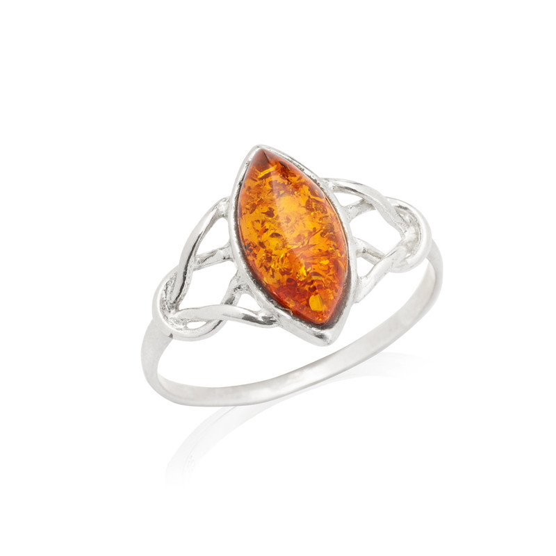 Bague en ambre cognac de la mer Baltique navette, en argent 925