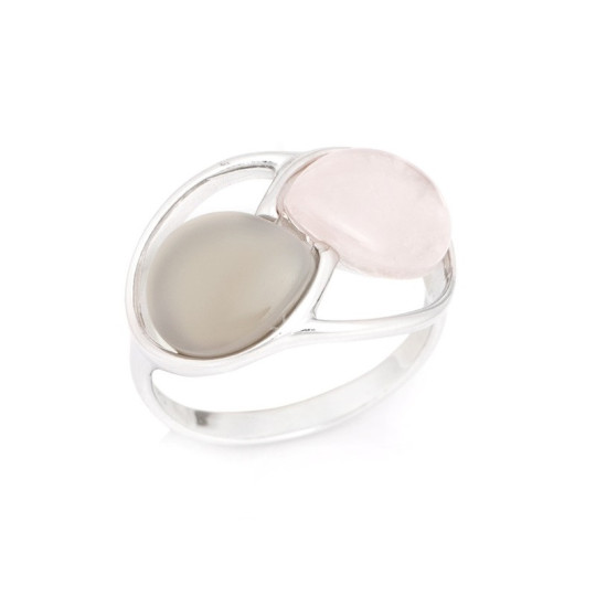 Bague multipierres en quartz rose goutte et agate, en argent 925 rhodié