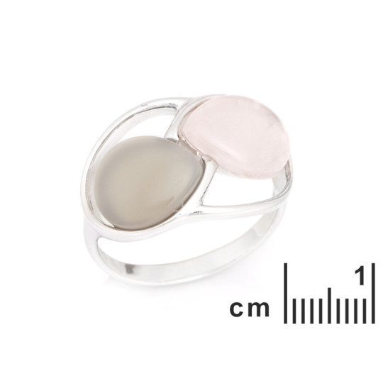 Bague multipierres en quartz rose goutte et agate, en argent 925 rhodié