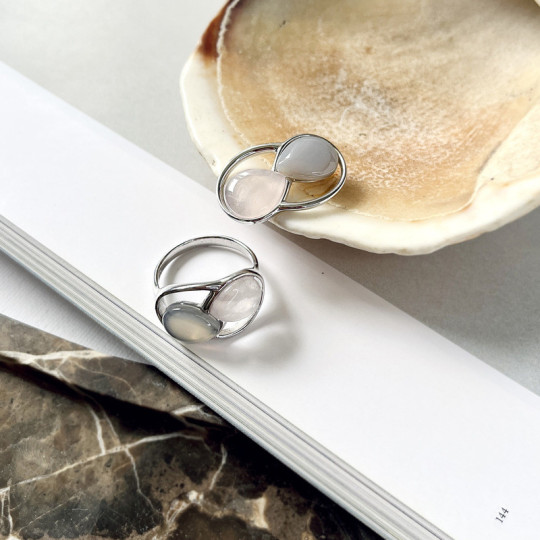 Bague multipierres en quartz rose goutte et agate, en argent 925 rhodié