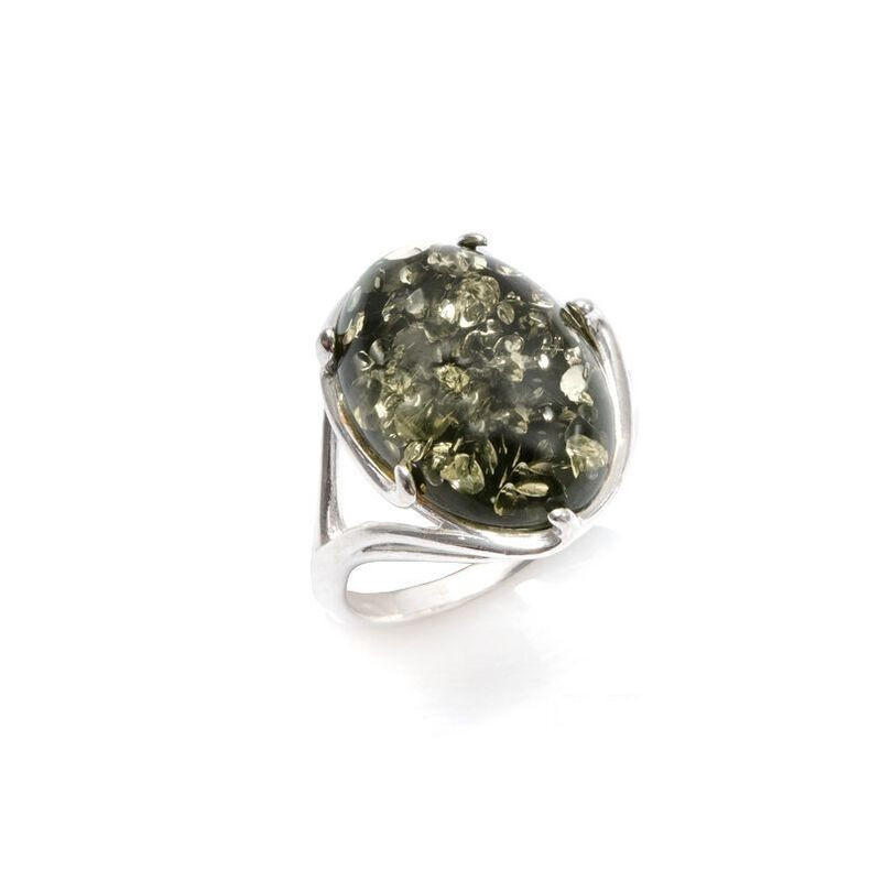 Oval natural Baltic amber ring, rhodium-plated 925 silver