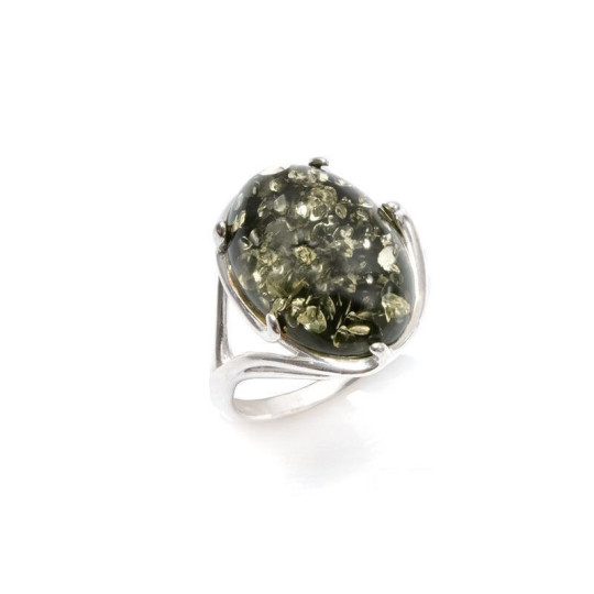 Oval natural Baltic amber ring, rhodium-plated 925 silver