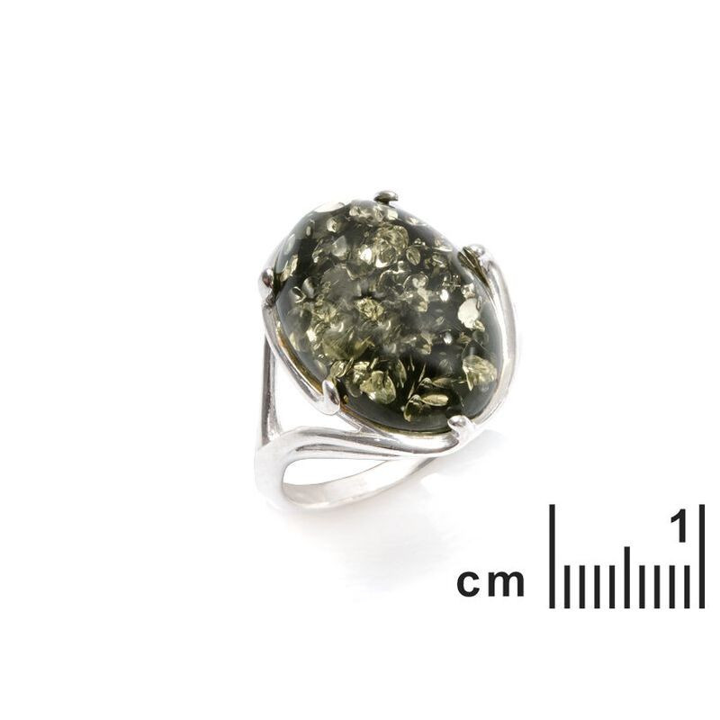 Oval natural Baltic amber ring, rhodium-plated 925 silver