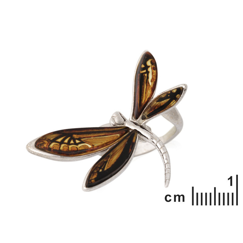 Anillo de libélula de ámbar natural, plata 925 rodiada