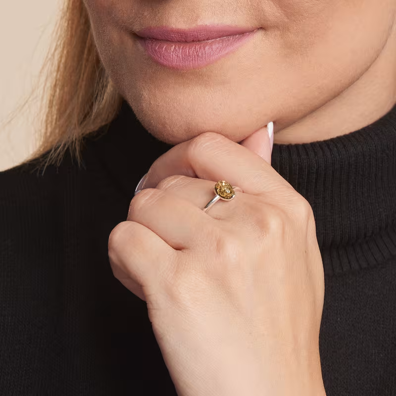 Oval Baltic Sea Green Amber Ring, Rhodium-Plated 925 Silver