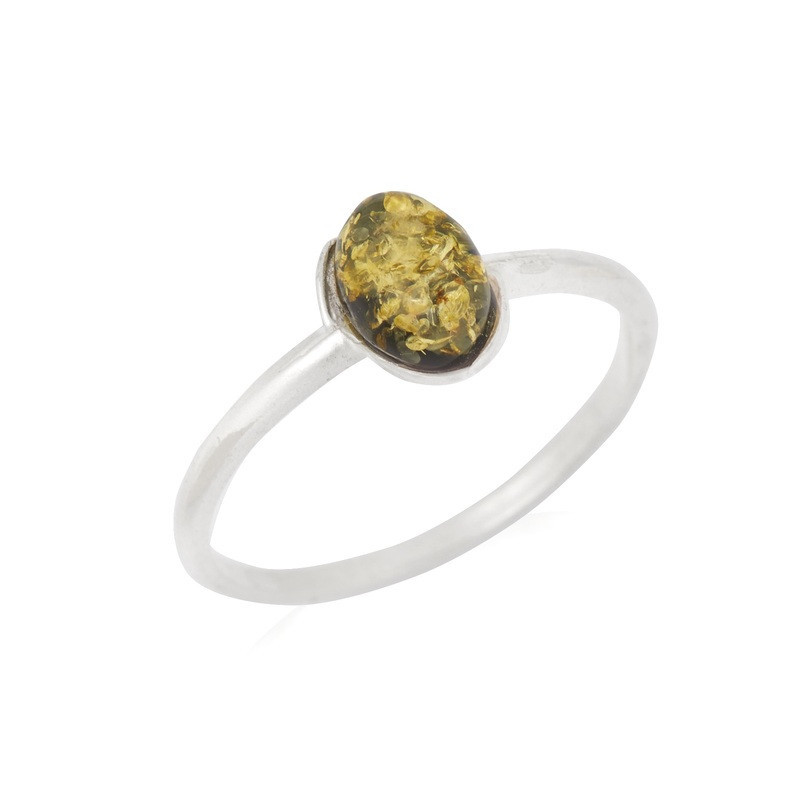 Anello ovale in ambra verde del Mar Baltico, argento 925 rodiato