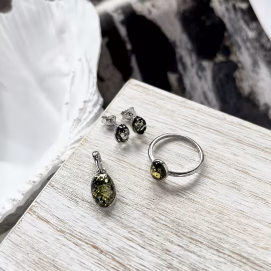 Oval Baltic Sea Green Amber Ring, Rhodium-Plated 925 Silver