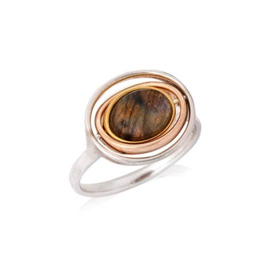 Anillo multipiedra en labradorita ovalada y ámbar, en plata 925 rodiada