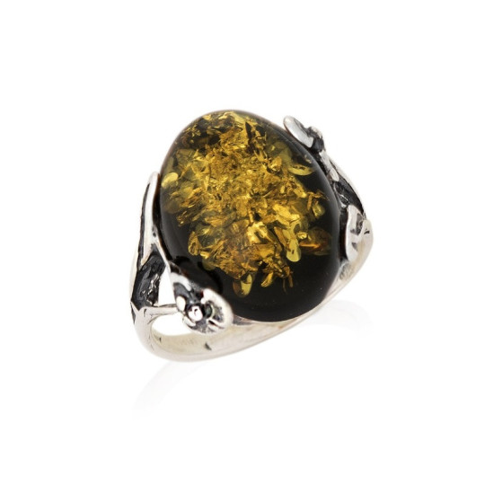 Large oval green amber stone ring, in aged 925 silver