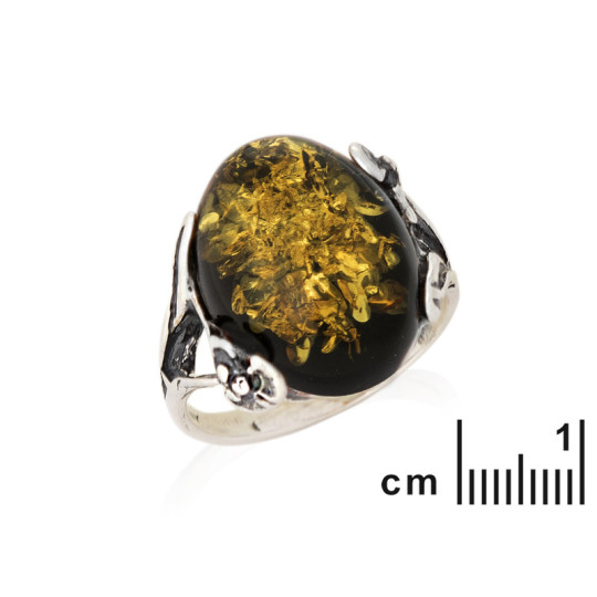 Large oval green amber stone ring, in aged 925 silver