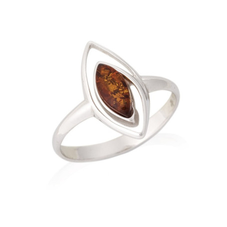 Baltic Sea cognac amber ring, shuttle, in rhodium-plated 925 silver