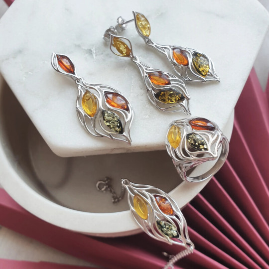 Baltic Sea amber multi-stone ring, shuttle, in rhodium-plated 925 silver